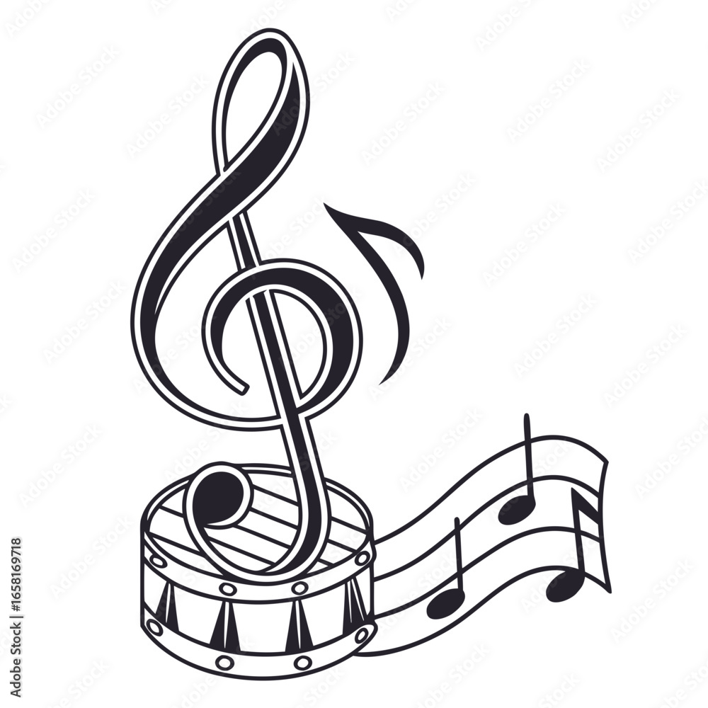 Fototapeta premium Musical Elements Drum, Clef, and Notes
