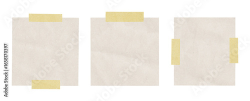 sticky notes, set of three blank vintage paper sheets taped with masking tape isolated on transparent background for scrapbook design notes memos or retro collage elements