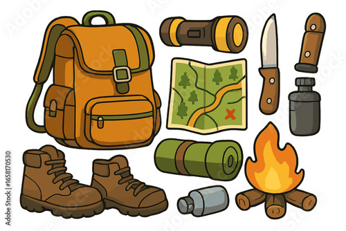Essential hiking gear and outdoor camping equipment for nature adventure. Travel backpack, boots, map, flashlight, knife, bottle, sleeping bag, campfire. Vector cartoon illustration for exploration.