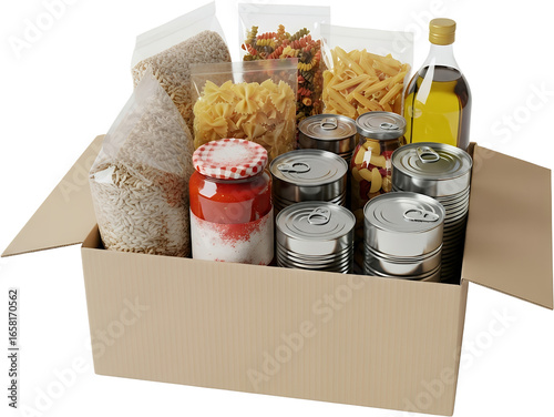 Cardboard box filled with assorted food items pasta canned goods jar of sauce oil and bags of grains isolate