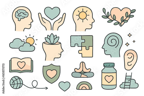 Mental health concepts illustration with symbolic icons and calm, soothing colors, vector cartoon design on transparent background representing psychology, wellness, and emotional balance