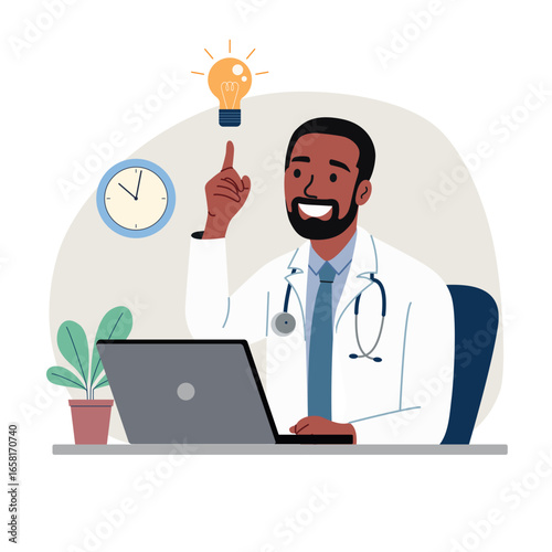 Young medic man before the laptop finding new idea. Shiny light bulb. Flat style cartoon vector illustration.