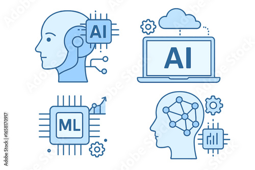 Innovative technology illustrations showcasing artificial intelligence concepts and machine learning components in modern vector cartoon style design with futuristic digital elements