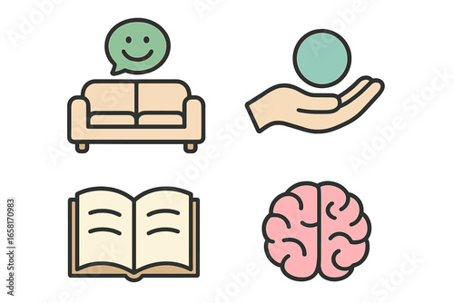 Mental health concepts illustrated with simple vector graphics featuring a couch, hand holding a ball, open book, and brain, cartoon style icons representing psychology, therapy, wellness