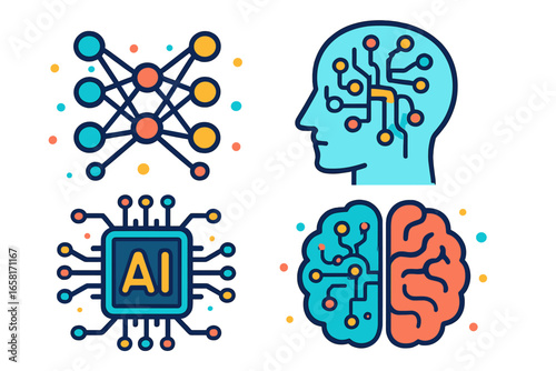 Colorful abstract vector illustration of neural networks and circuitry representing artificial intelligence concepts with vibrant technology design on transparent background