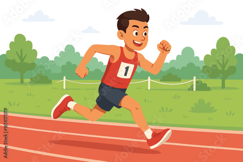 Dynamic runner in motion during athletic event in park setting with clear sky, vector cartoon illustration on transparent background, sports fitness activity, outdoor exercise concept