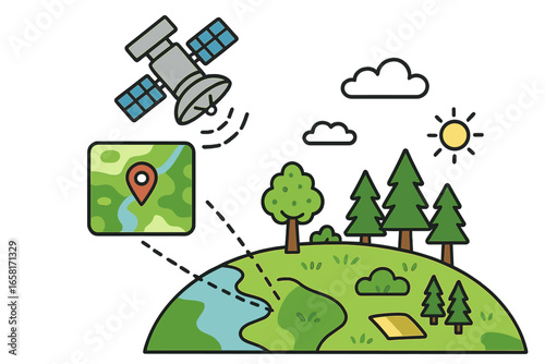 Satellite technology mapping forest areas and monitoring vegetation changes. Sustainable environment concept with GPS, digital cartography, river, trees, nature conservation vector illustration.