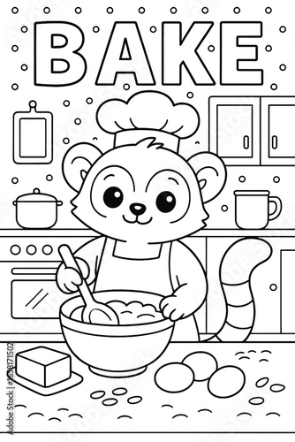 Cute lemur chef baking in the kitchen illustration for coloring book page
