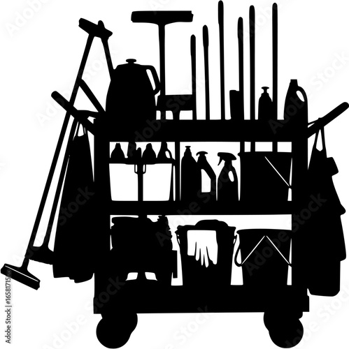 Detailed black vector silhouette of professional janitorial cart stocked with cleaning supplies and equipment
