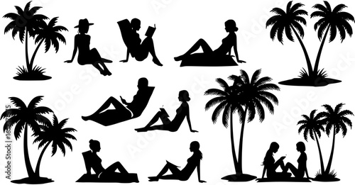 Elegant Black Silhouette of Woman Relaxing on Beach Under Palm Tree.
