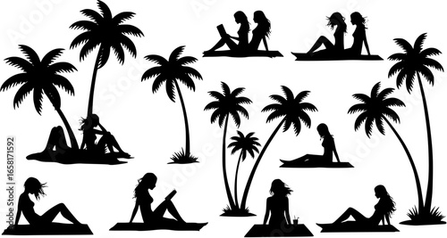 Elegant Black Silhouette of Woman Relaxing on Beach Under Palm Tree.
