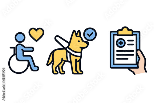 Supportive Symbols Representing Accessibility, Service Animals, Health Documentation in Everyday Life, Cartoon Vector Illustration on Transparent Background for Inclusive Community Support