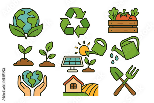 Vector cartoon symbols illustrating environmental sustainability and eco-friendly agriculture practices for promoting green initiatives, organic gardening, conservation, and earth care concepts