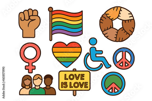 Colorful vector cartoon illustration of diverse symbols representing diversity, inclusivity, equality, social progress, and multiculturalism in a vibrant collection on transparent background