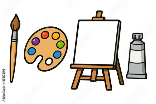 Artist's tools for painting. Art supplies set with paintbrush, palette with colors, easel with blank canvas, and paint tube. Vector cartoon illustration for creative hobby.