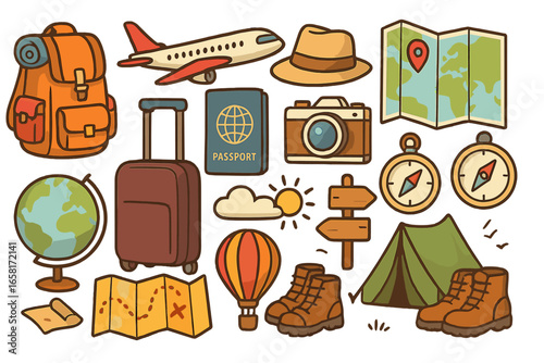 Travel adventure essentials icons set. Vector cartoon illustrations of luggage, passport, airplane, map, camera, compass, hiking boots, tent, and globe for world exploration and vacation journey.