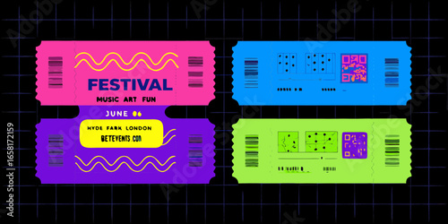 Colorful Festival Tickets with Abstract Designs and QR Codes on Grid Background event music