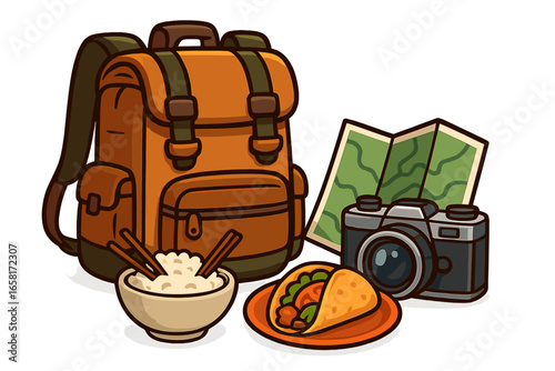 Adventurous Travel Essentials Vector Illustration: Cartoon Backpack, Map, Camera, Global Local Cuisine, Rice Bowl, Taco Food, Journey Packing, Exploration Gear, Transparent Background Concept