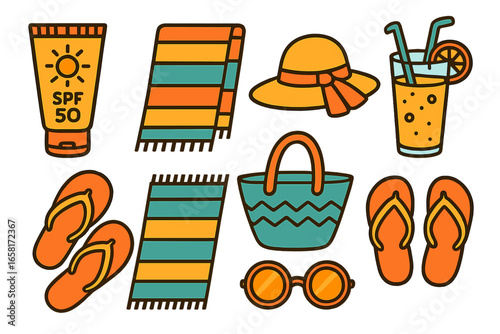 Summer beach essentials icon set. Vector cartoon collection for vacation and travel. Sunscreen, towel, hat, cocktail, flip flops, bag, sunglasses. Flat design beachwear items.