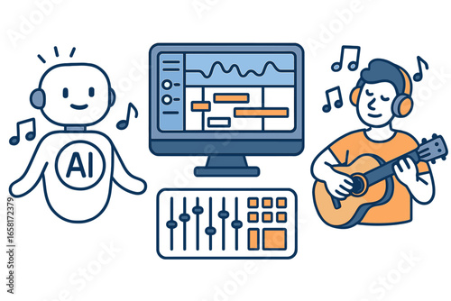 Artificial intelligence collaborating with musicians in modern music production, digital audio workstation, mixing console, composing, recording, editing process, vector cartoon illustration