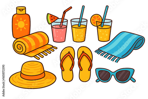 Summer beach essentials icon set. Vector cartoon collection with sunscreen, towel, flip flops, sun hat, sunglasses, and juice. Vacation and travel accessory clipart elements.