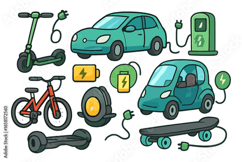 Electric vehicles and green transport set. Sustainable urban mobility concept with car, scooter, bike, skateboard. Eco friendly energy and charging station vector icons.