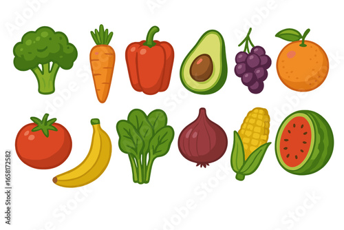 Assorted Fresh Fruits and Vegetables Vector Cartoon Illustration. Vibrant Healthy Food Mix for Balanced Diets. Colorful Organic Produce Collection Isolated. Nutrition Concept. Transparent Background.