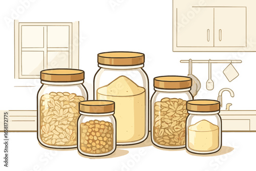 Pantry organization concept with glass jars of grains, seeds, and flour. Kitchen storage with bulk foods like oats and lentils. Zero waste lifestyle minimalist vector illustration.