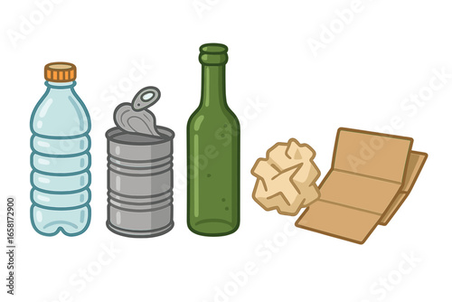 Recyclable Materials Vector Illustration. Cartoon Metal Tin Can, Plastic Bottle, Glass Bottle, Paper, Cardboard Waste for Eco-Friendly Recycling, Sustainability, Waste Sorting, Clean White Background