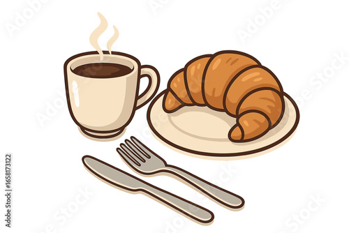 Warm cup of coffee with croissant on a plate alongside cutlery set, cozy breakfast scene illustration perfect for cafe menu, morning meal, and relaxing food concepts in vector cartoon style