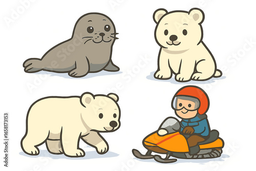 Cute winter arctic animal character set with polar bears, seal, and snowmobile rider. Vector cartoon illustration collection for kids. Isolated graphic elements on snowy background.