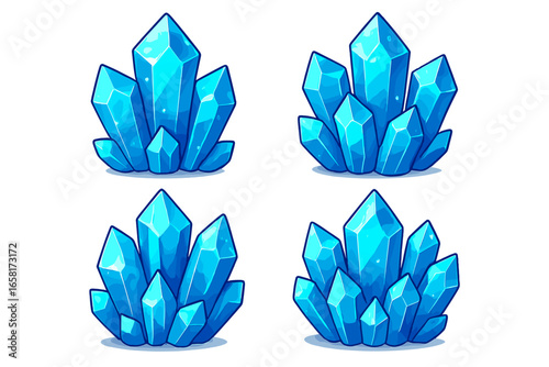 Set of blue crystals, magic gems vector icon collection. Cartoon mineral stone, shiny diamond or precious jewel. Fantasy game asset, treasure resource. Geology rock.