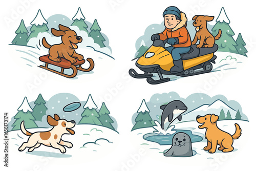Winter activities cartoon set with cute animals. Dog sledding, playing fetch, riding snowmobile with owner. Funny arctic scene with dolphin and seal. Vector nature collection.