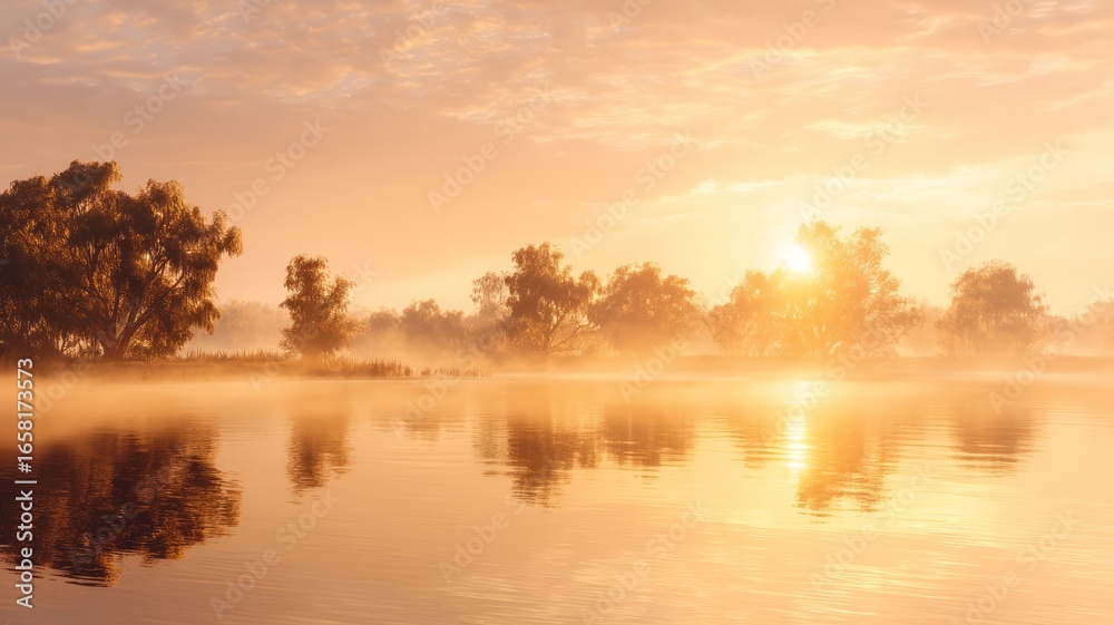 Fototapeta premium Serene sunrise on calm river. AI image