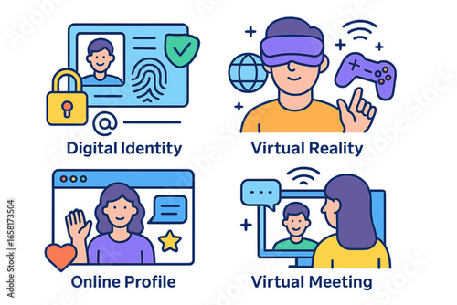 Digital identity and virtual reality icon set. Online profile, virtual meeting, VR gaming concepts. Metaverse, internet security, remote work line art vector illustrations.