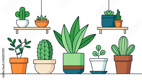 Indoor plants in various pots placed against a white wall icon different styles vector illustration.