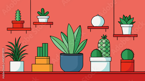 Indoor plants in various pots placed against a pink wall icon different styles vector illustration.