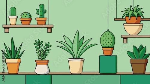 Indoor plants in various pots placed against a soft green wall icon different styles vector illustration.
