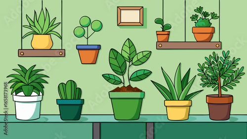 Indoor plants in various pots placed against a soft green wall icon different styles vector illustration.