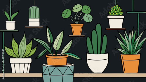 Indoor plants in various pots placed against a black wall icon different styles vector illustration.