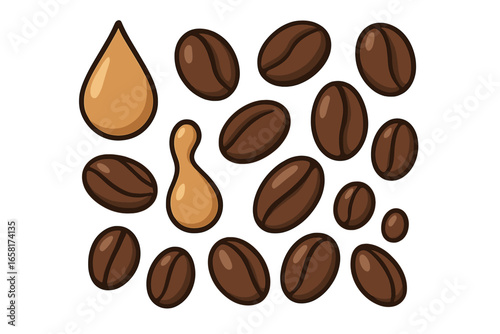 Coffee beans vector set. Coffee drops illustration. Roasted arabica beans. Liquid espresso drip. Cartoon icon collection. Isolated graphic elements. Caffeine, aroma concept.