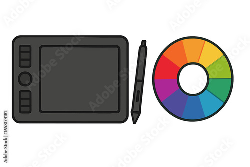 Graphic designer or artist workspace with digital drawing tablet, stylus pen and color wheel. Creative tools for digital painting, illustration and art. Vector concept design.