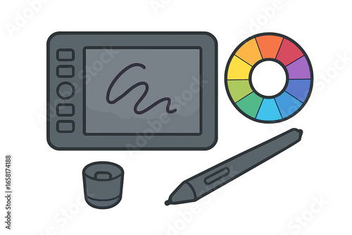 Graphic design digital drawing tablet with stylus pen and color wheel palette. Creative artist or designer workspace equipment. Vector illustration tool set for creativity.