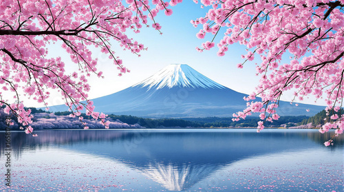 The scenic image features a large, snow capped mountain with a gently sloping form, dominating the horizon