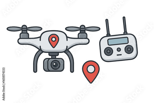 Vector illustration of a drone with camera and remote controller. Concept for aerial photography, video surveillance, and delivery service. Quadcopter with GPS location marker pin.