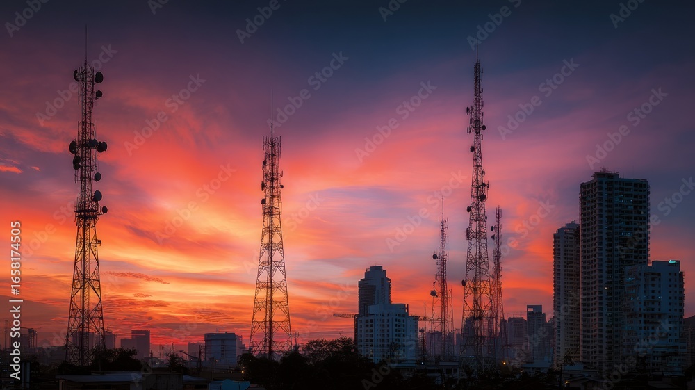 Fototapeta premium Sunset skyline with silhouetted communication towers. AI image