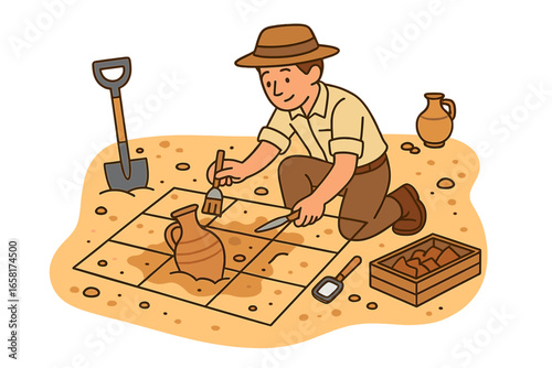 Archaeology concept with an archaeologist at an excavation site. Man digging for historical artifacts, discovering ancient pottery. Paleontology science, history research vector.