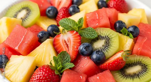 A vibrant fruit salad with watermelon, pineapple, strawberries, kiwi, and blueberries, garnished with mint leaves, in a white bowl.