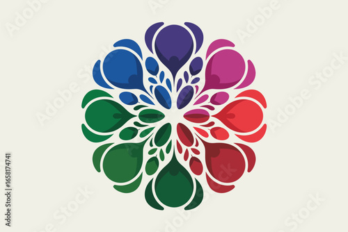 A colorful floral design with teardrop shaped petals radiating from the center on a white background