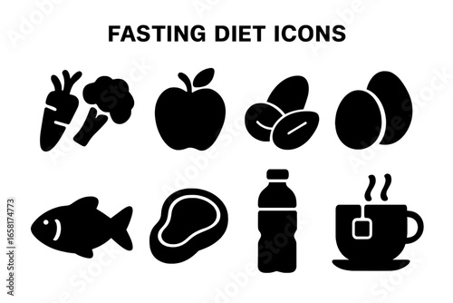 Fasting diet solid icon set. Healthy food for intermittent fasting or keto diet. Nutrition icons like vegetables, fruit, nuts, egg, fish, meat, water and tea glyphs vector.
